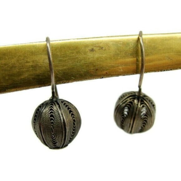 Earrings Hook Dangle Sterling Silver Filigree Ball 925 Vintage Patina - Picture 8 of 8